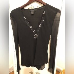 Silkland Black silk, long sleeve, deep, plunge, blouse, size medium